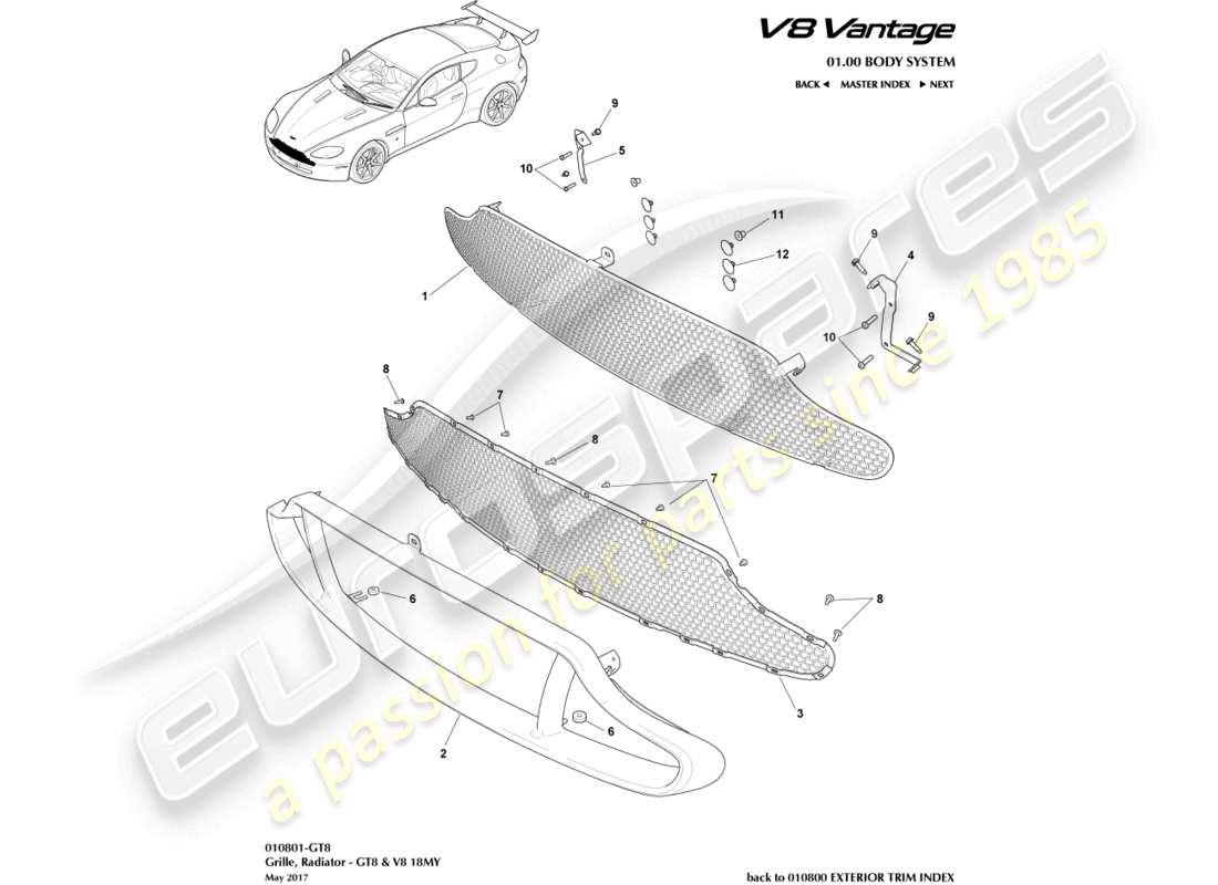 aston martin v8 vantage (2006) radiator grille, gt8 & v8 18my parts diagram