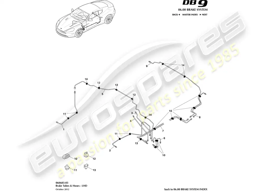 aston martin db9 (2015) brake lines & hoses, lhd parts diagram