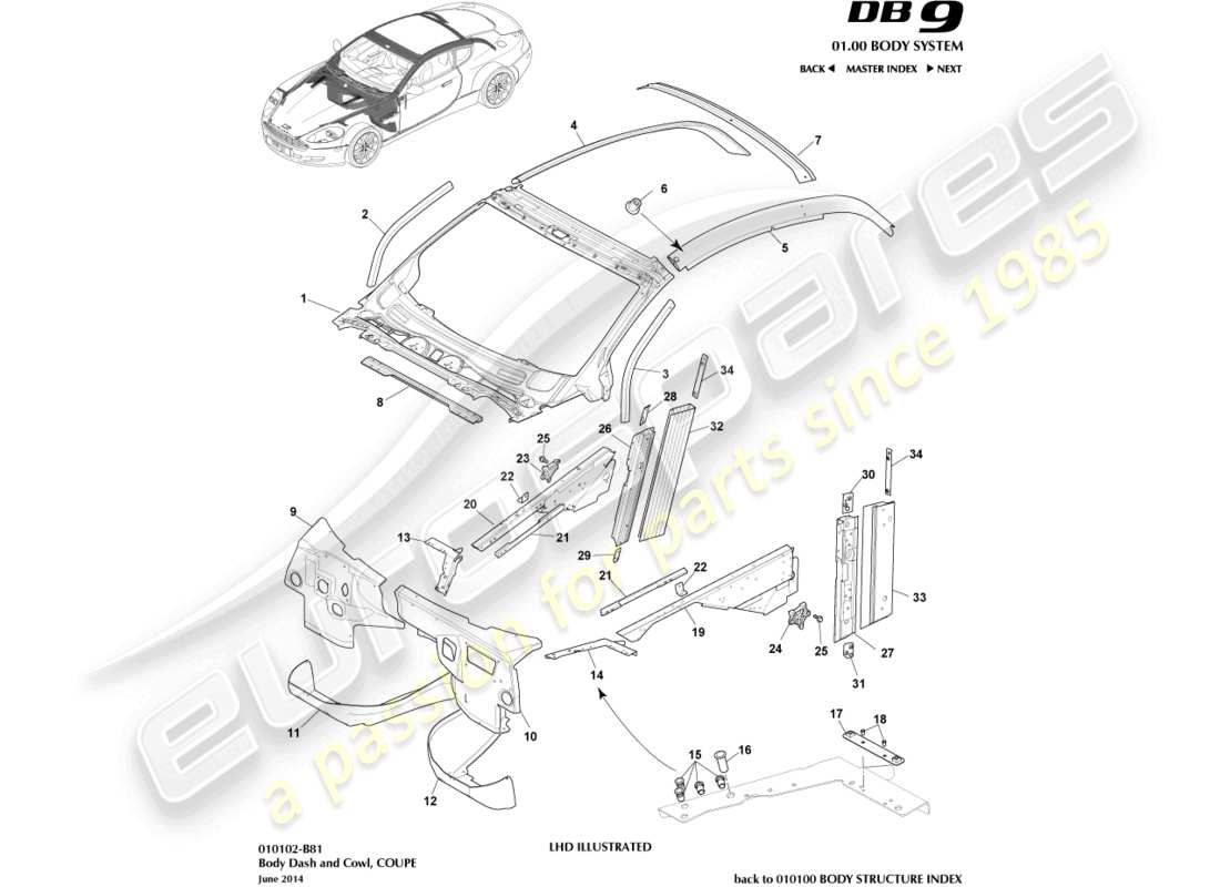 aston martin db9 (2010) body dash and cowl, coupe part diagram