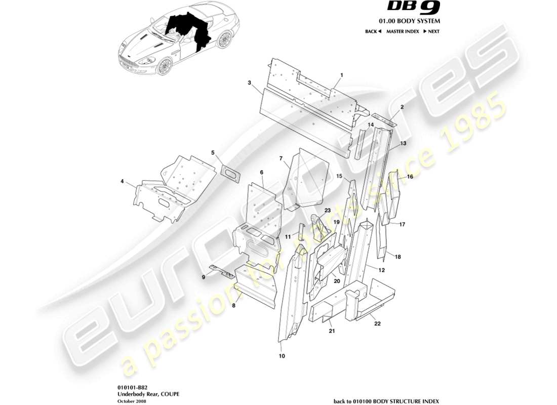 aston martin db9 (2010) underbody rear, coupe part diagram