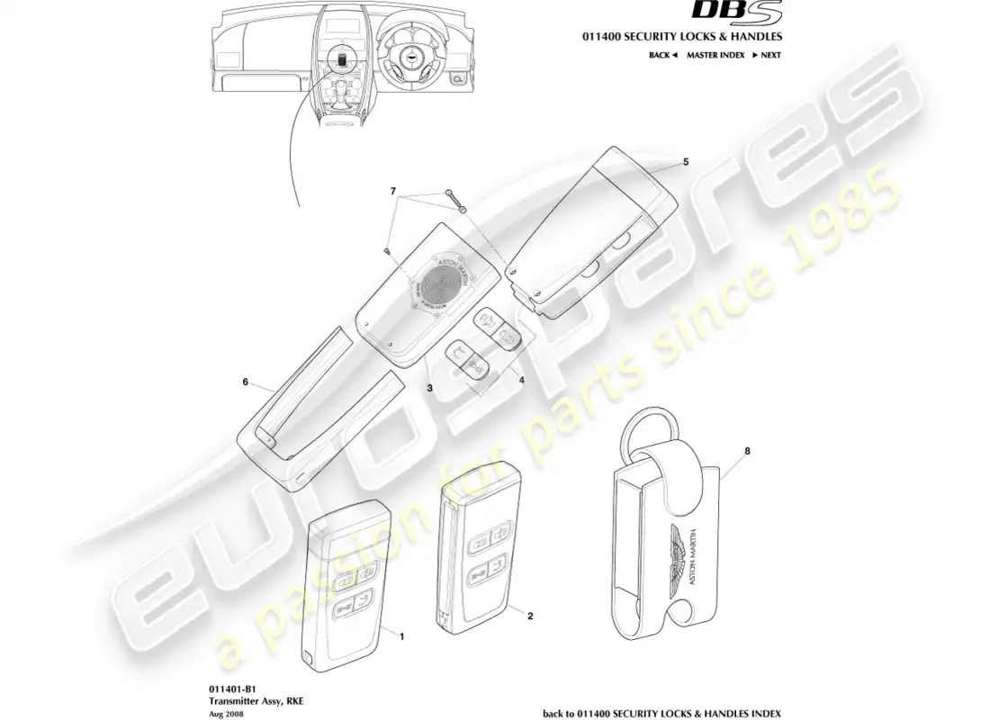 aston martin dbs (2011) transmitter, rke parts diagram