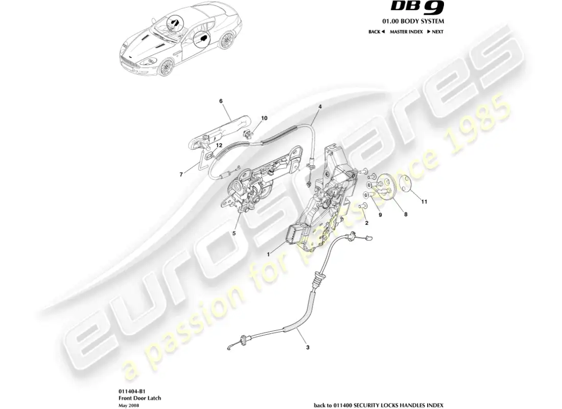 aston martin db9 (2004) front door latch parts diagram