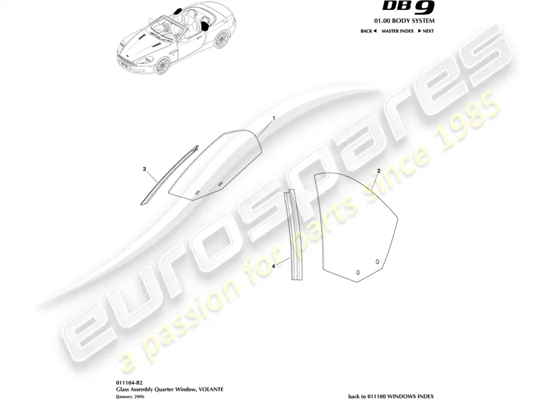 aston martin db9 (2006) rear quarter glass, volante parts diagram