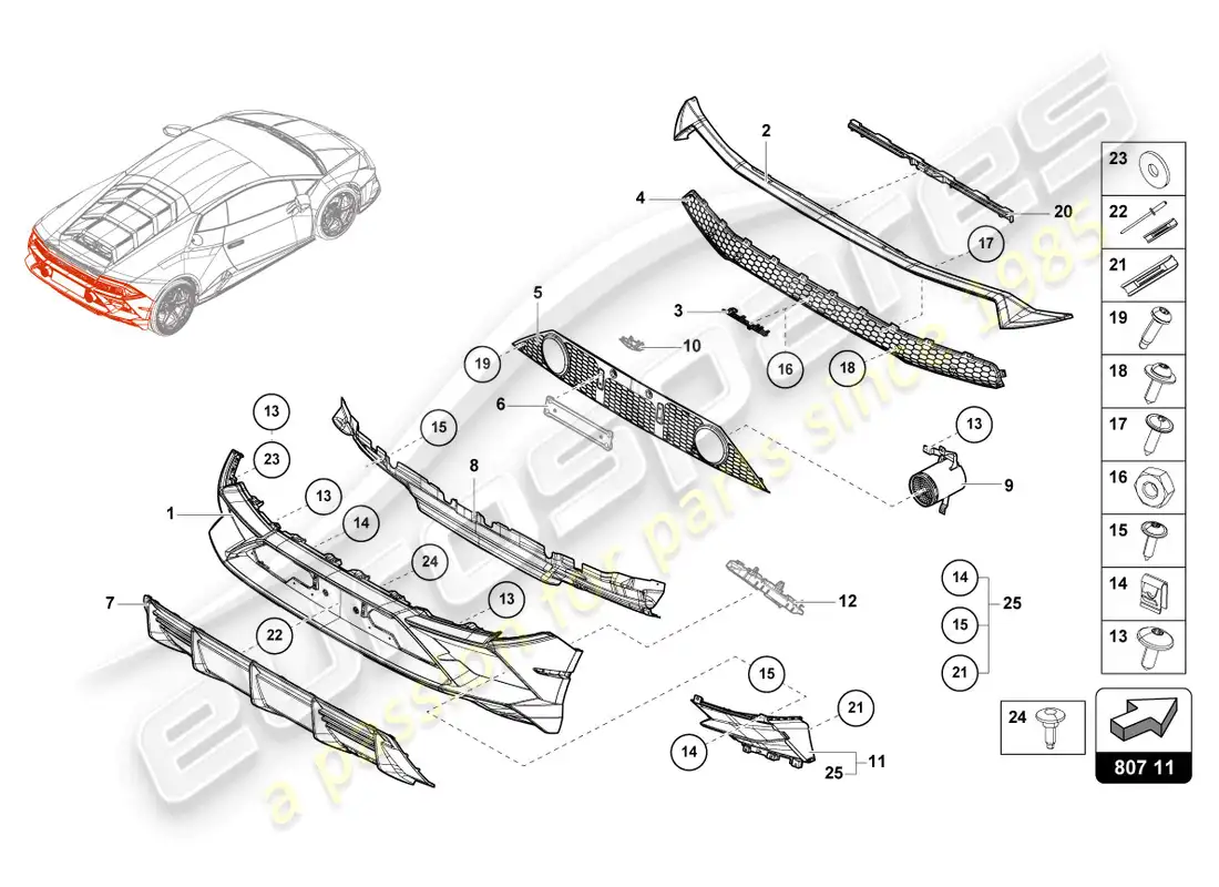 lamborghini evo spyder (2023) bumper rear parts diagram