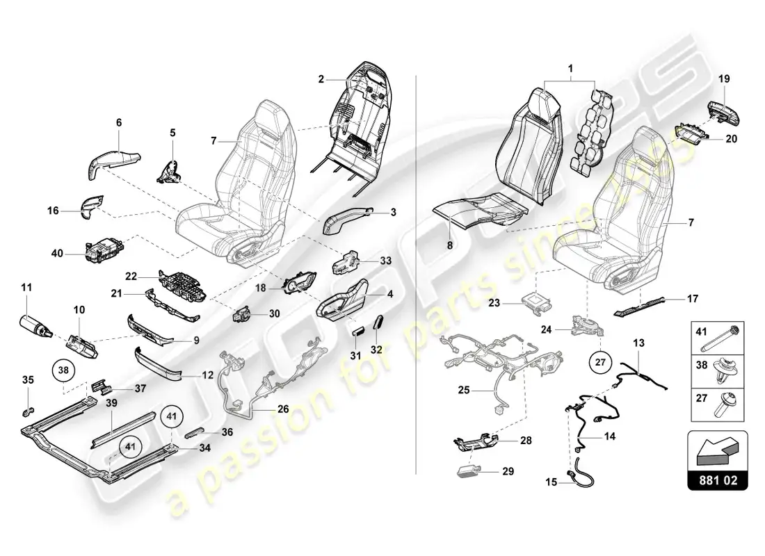 lamborghini urus (2019) seat, divided front parts diagram