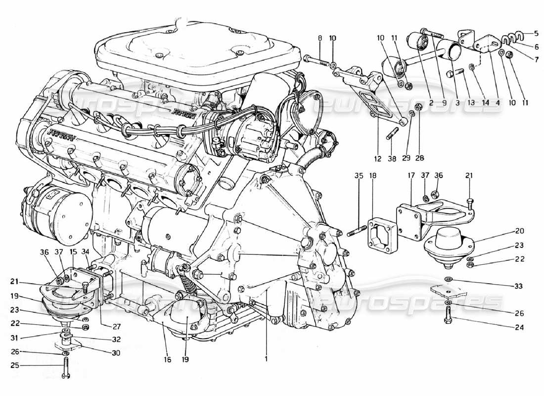 ferrari 308 gtb (1976) engine - gearbox and supports part diagram