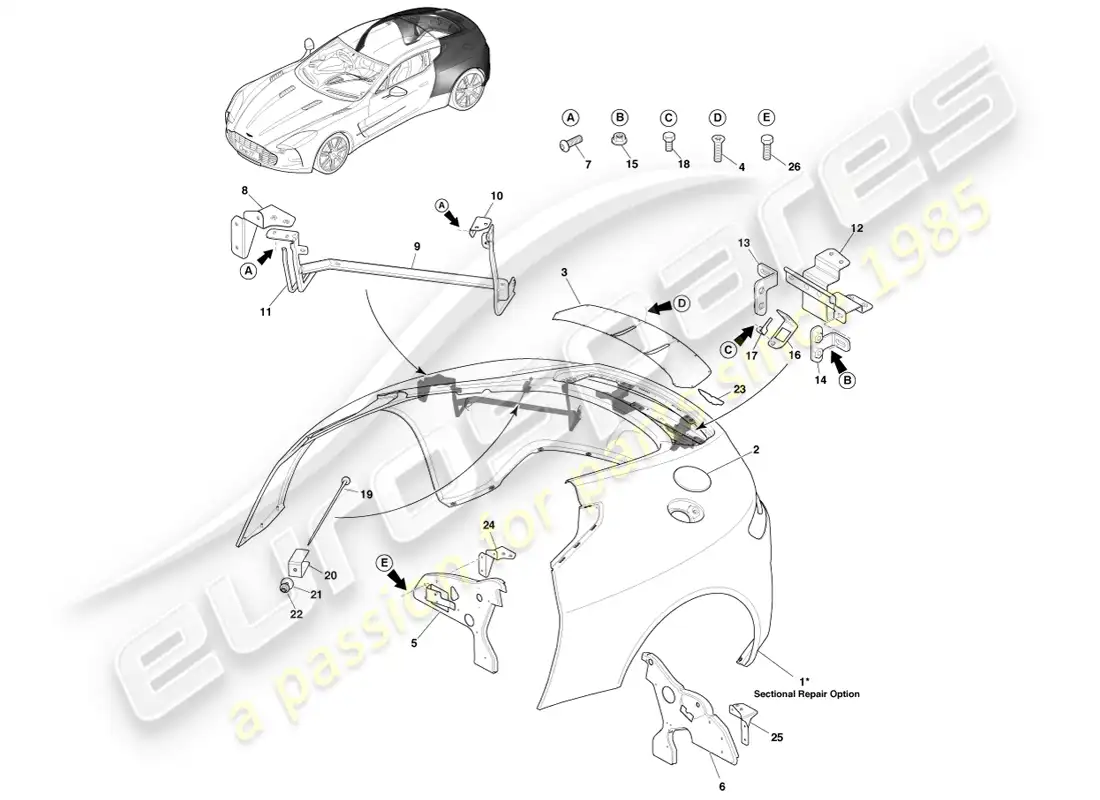 aston martin one-77 (2011) rear quarter panels parts diagram