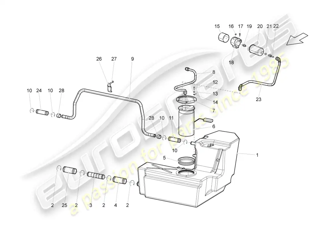 lamborghini gallardo spyder (2007) fuel tank with attachments left parts diagram