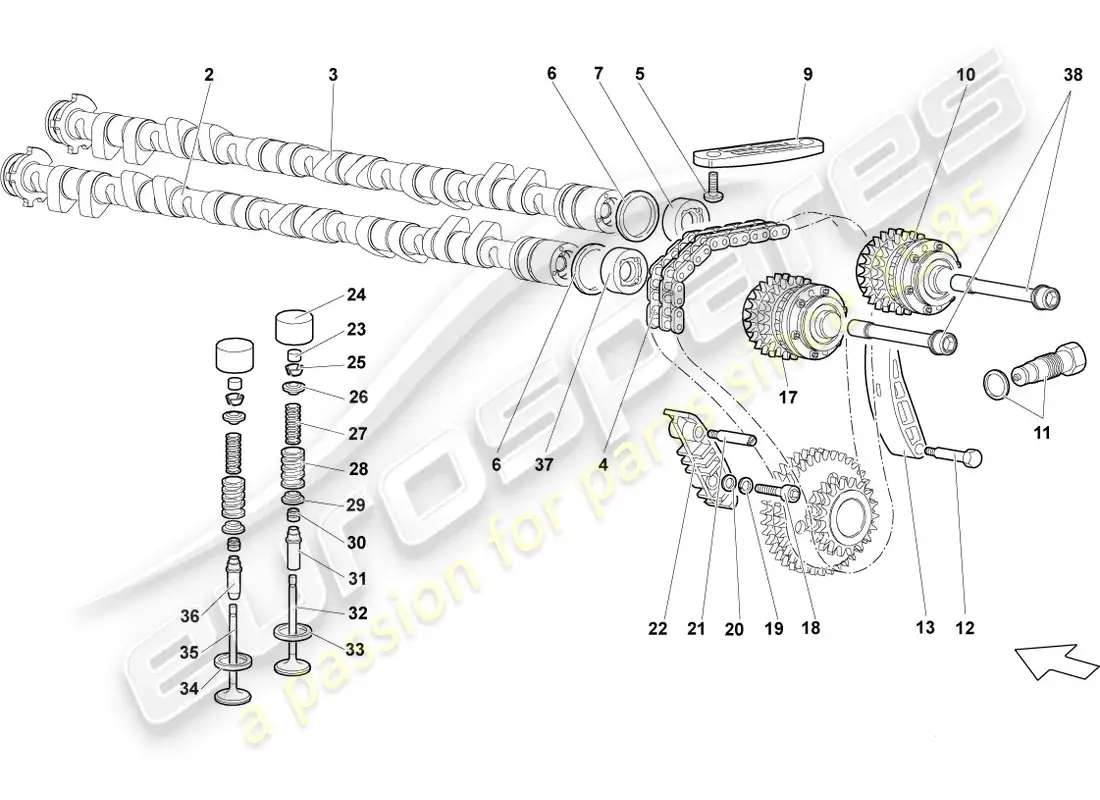 lamborghini lp640 coupe (2010) camshaft, valves left parts diagram
