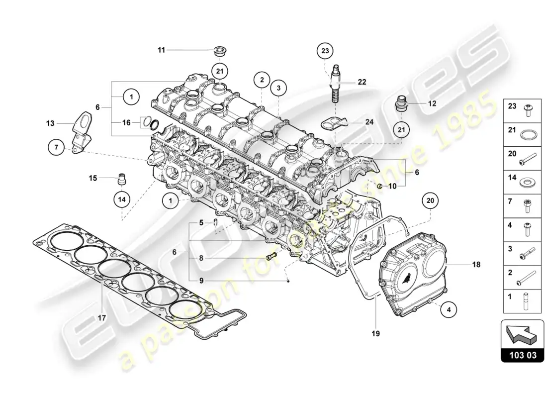 lamborghini countach lpi 800-4 (2022) cylinder head with studs and centering sleeves parts diagram