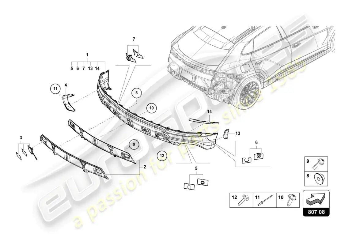 lamborghini urus performante (2023) bumper, complete rear carbon parts diagram