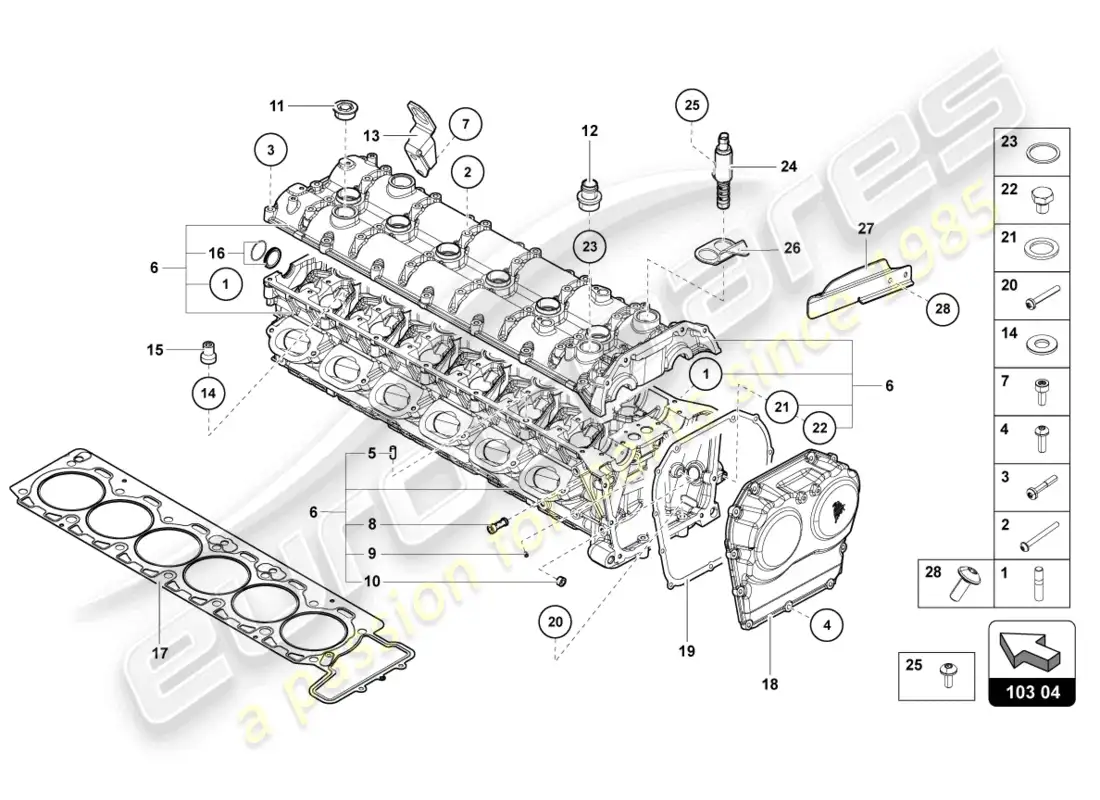 lamborghini countach lpi 800-4 (2022) cylinder head with studs and centering sleeves parts diagram
