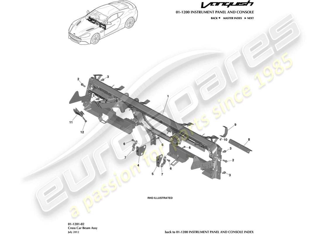 aston martin vanquish (2016) ip cross beam part diagram