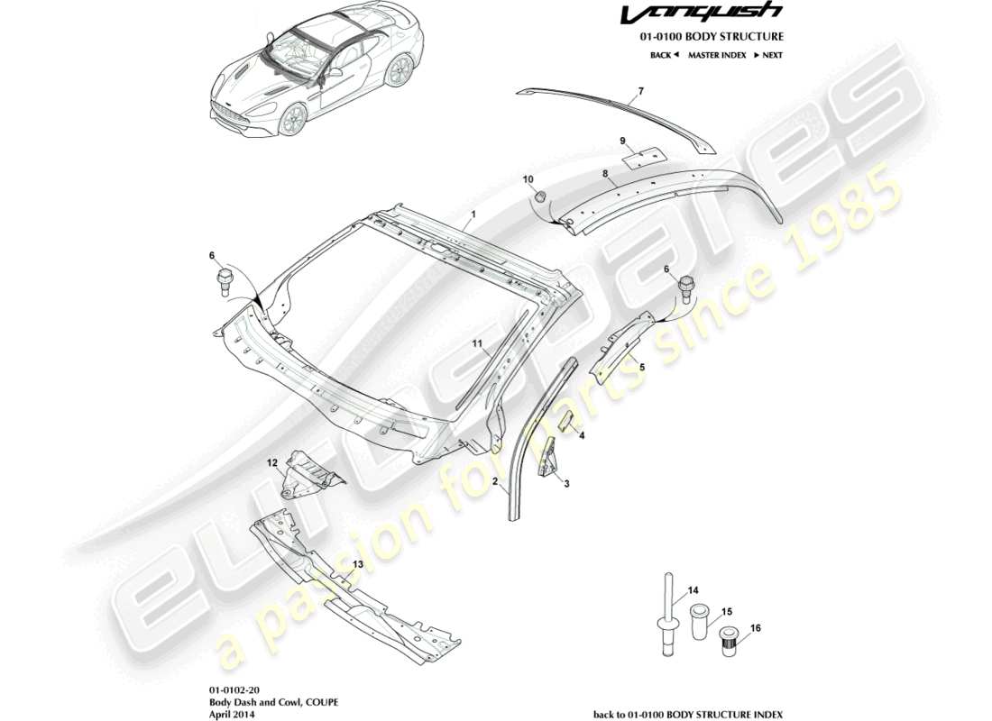 aston martin vanquish (2017) body dash & cowl, coupe part diagram