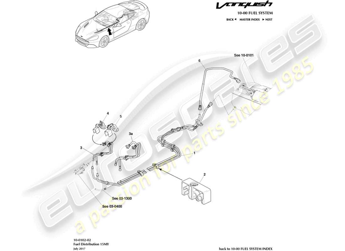 aston martin vanquish (2017) fuel distribution, 15my on part diagram