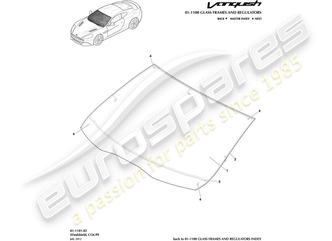 aston martin vanquish (2018) windshield, coupe part diagram