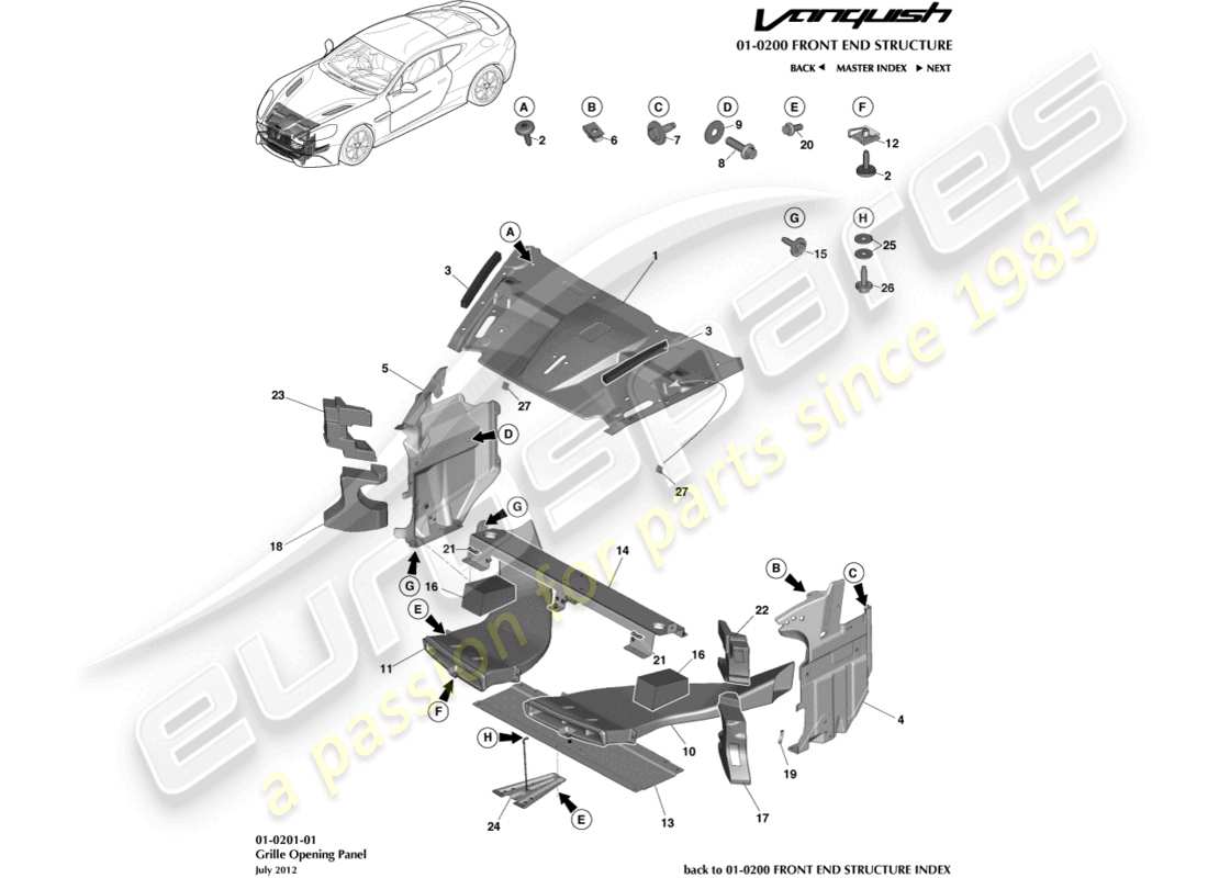 aston martin vanquish (2018) grille opening panel part diagram