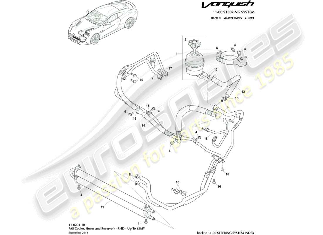 aston martin vanquish (2018) pas hoses, rhd to 15my part diagram