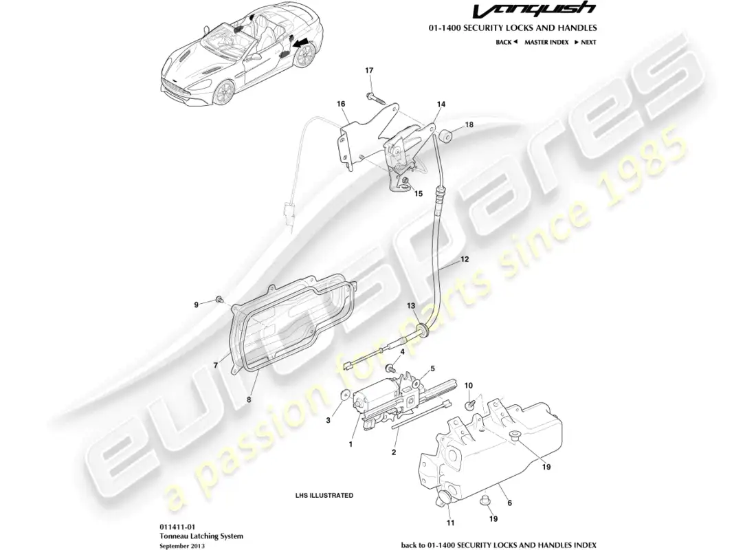 aston martin vanquish (2016) tonneau latches parts diagram