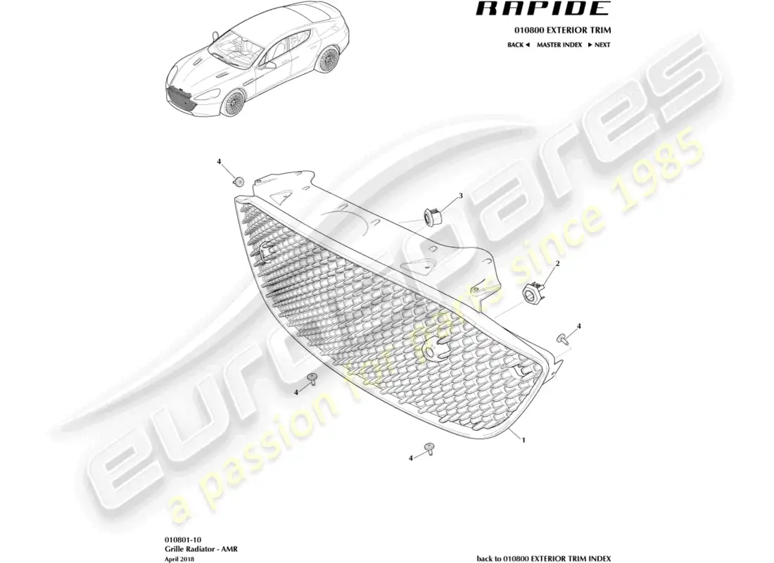 aston martin rapide (2017) radiator grille, amr parts diagram