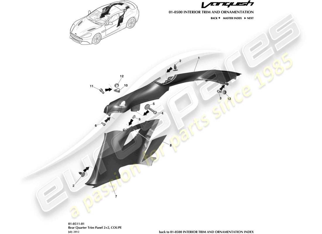 aston martin vanquish (2015) rear quarter trim panel 2+2 coupe part diagram