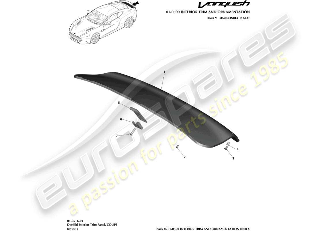aston martin vanquish (2015) tailgte trim panel, coupe part diagram