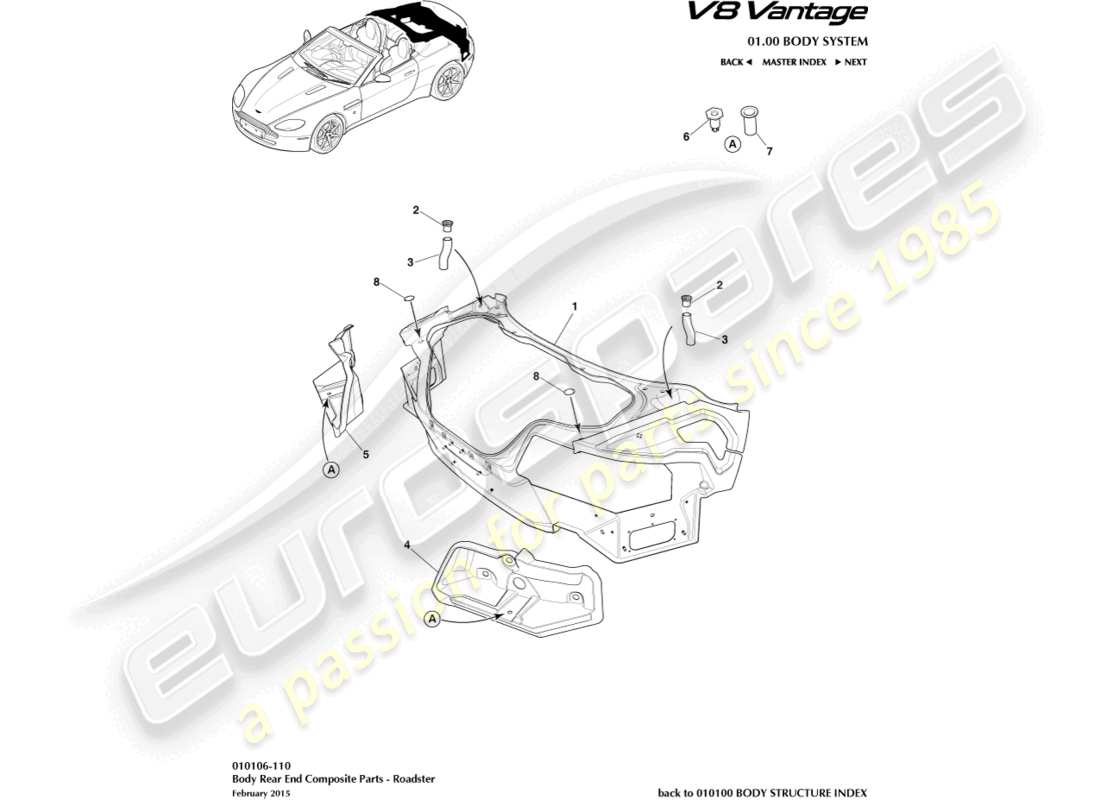 aston martin v8 vantage (2015) body rear end composite, roadster part diagram