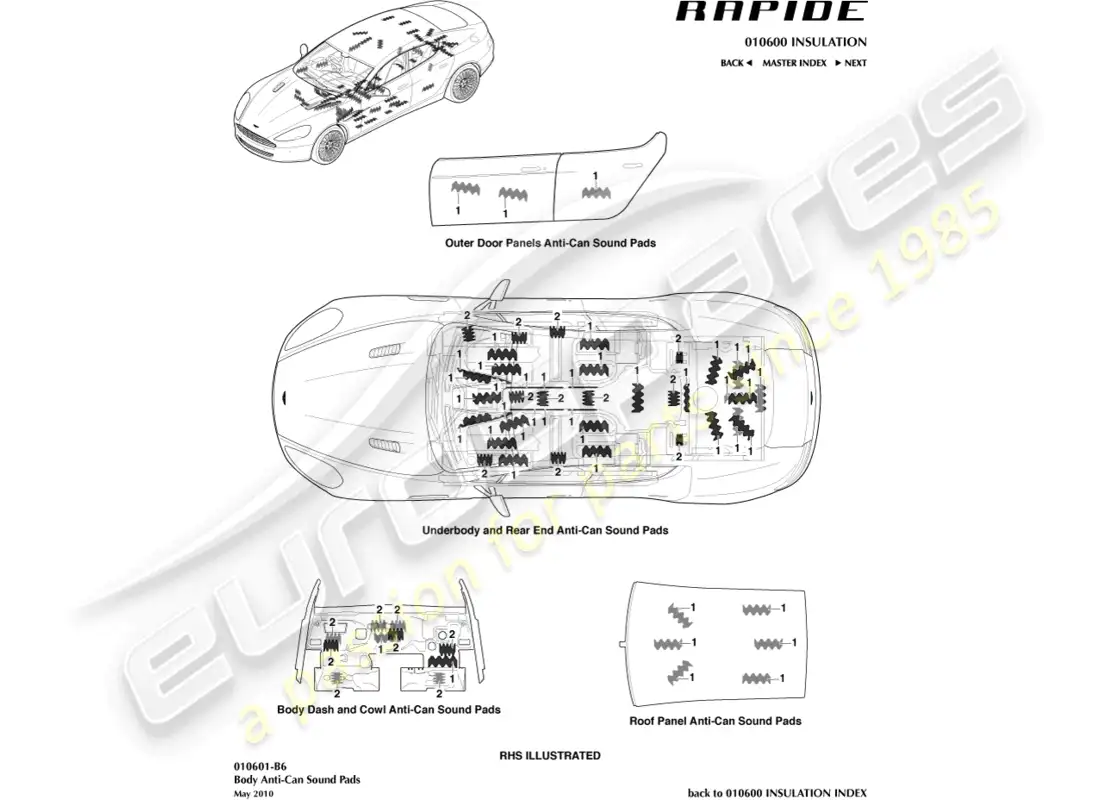 aston martin rapide (2017) anti-can sound pads parts diagram