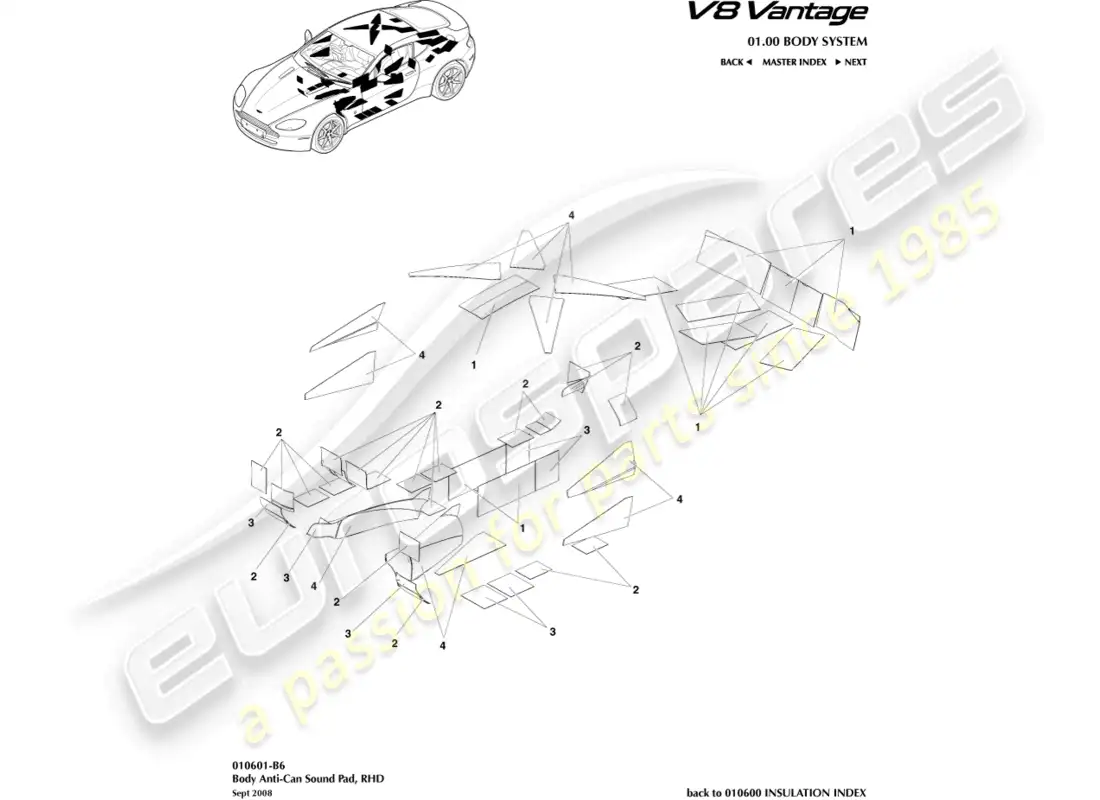 aston martin v8 vantage (2015) anti-can sound pads, rhd part diagram