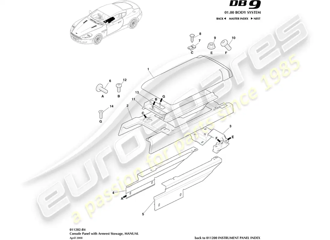 aston martin db9 (2004) centre console, manual parts diagram