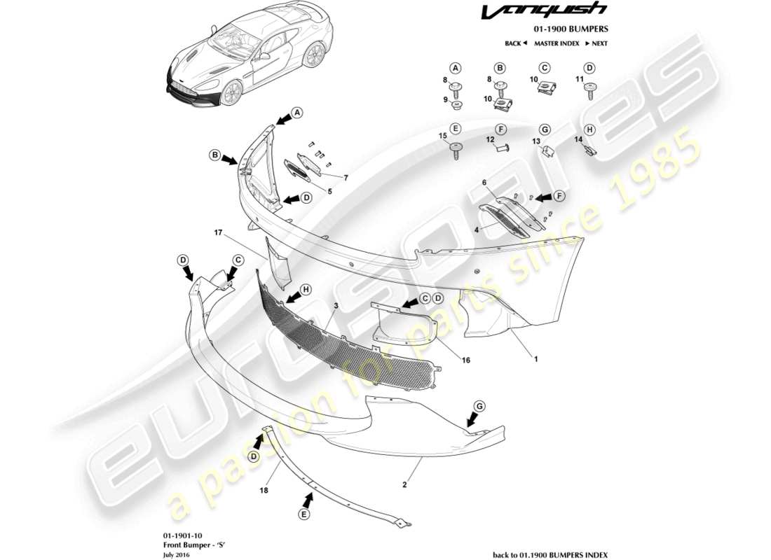 aston martin vanquish (2015) front bumper, s part diagram