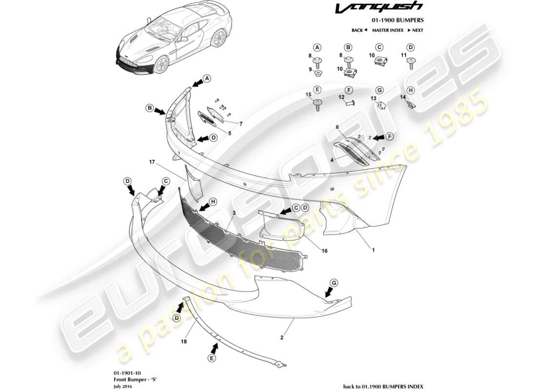 aston martin vanquish (2018) front bumper, s part diagram