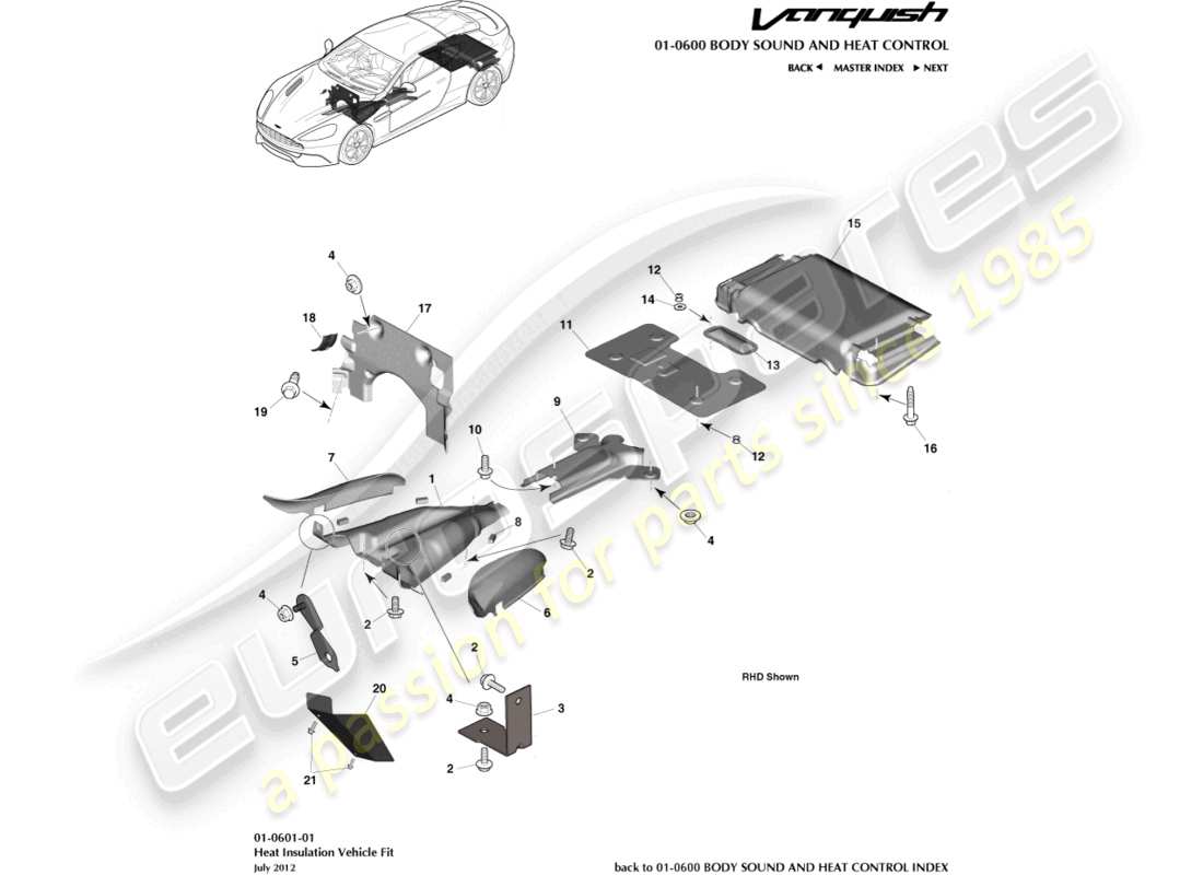 aston martin vanquish (2018) heat insulation, vehicle fit part diagram