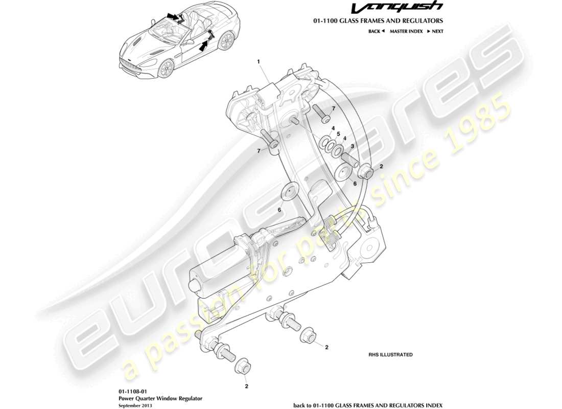 aston martin vanquish (2018) rear quarter window regulator, volante part diagram