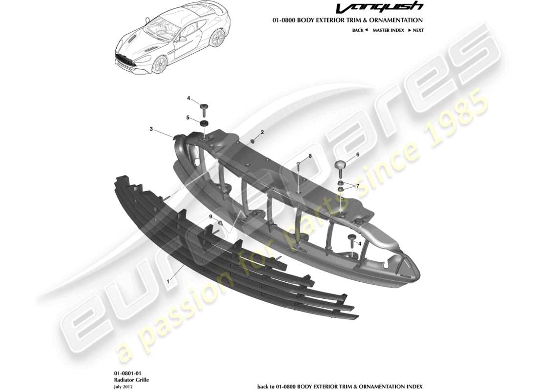 aston martin vanquish (2018) radiator grille part diagram