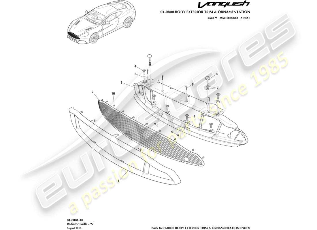 aston martin vanquish (2018) radiator grille, s part diagram