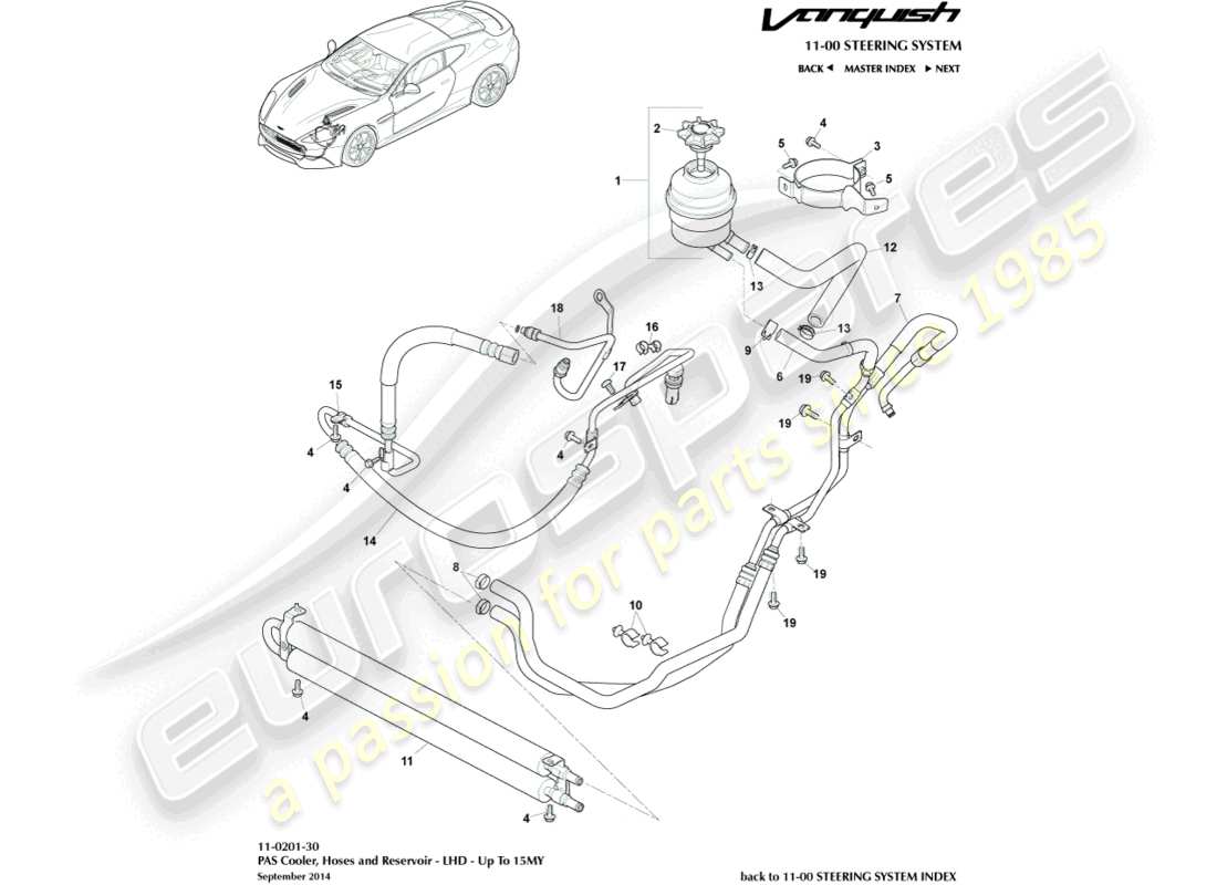 aston martin vanquish (2018) pas hoses, lhd to 15my part diagram