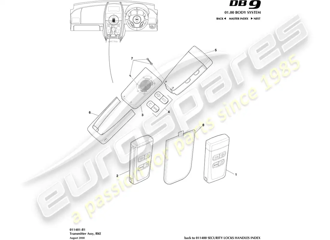 aston martin db9 (2004) transmitter, rke parts diagram