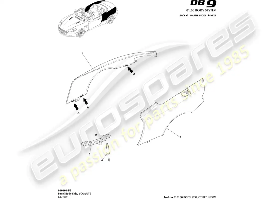 aston martin db9 (2004) panel body side, volante part diagram