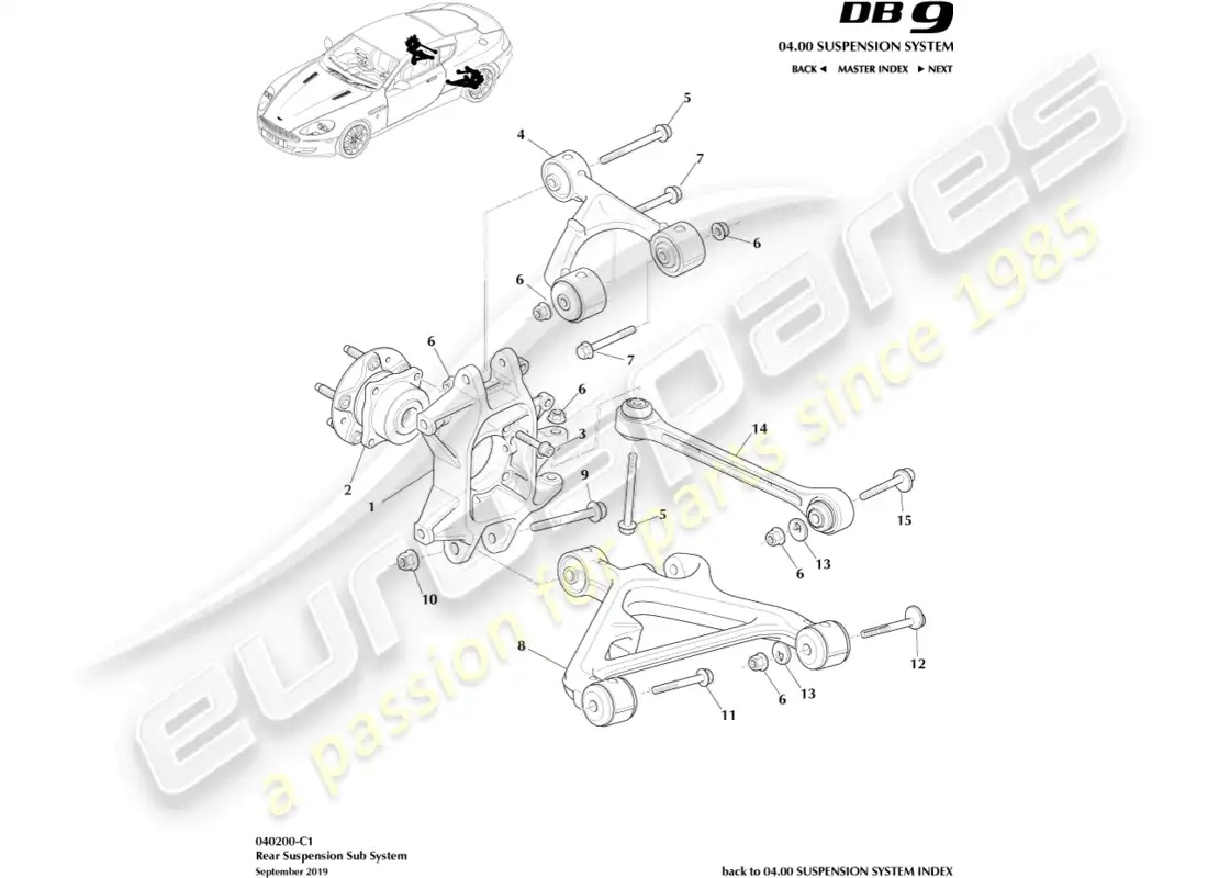 aston martin db9 (2004) rear suspension assembly part diagram