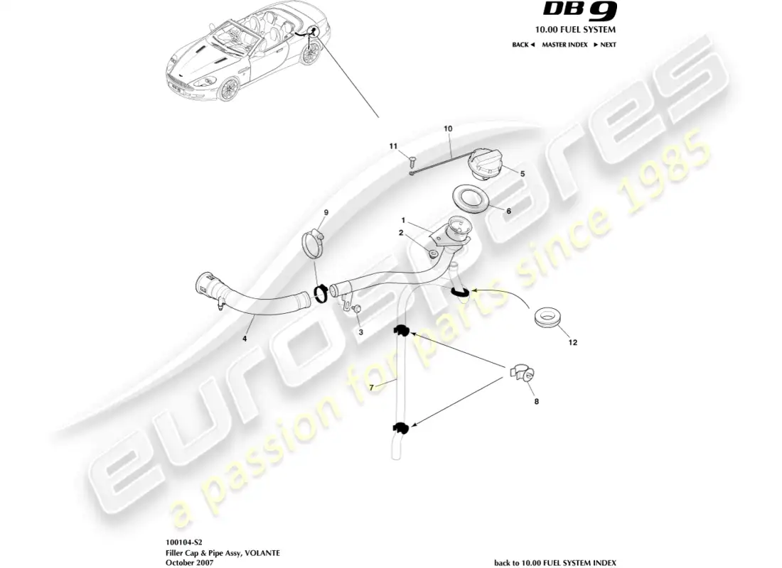 aston martin db9 (2004) fuel filler cap & pipe, volante parts diagram