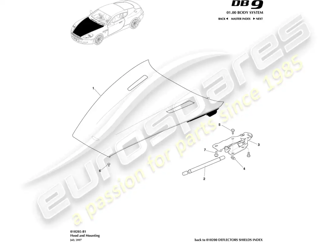 aston martin db9 (2004) bonnet and mounting parts diagram
