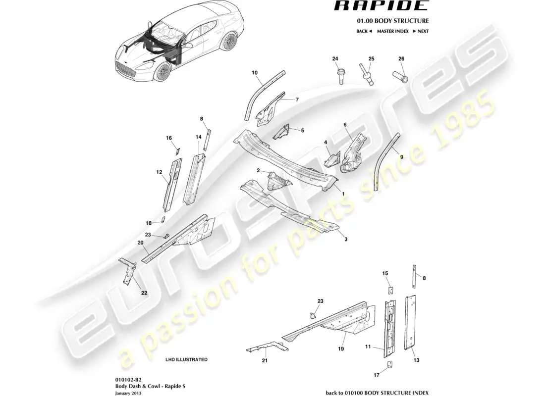 aston martin rapide (2017) body dash & cowl, s parts diagram