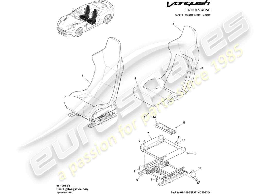 aston martin vanquish (2016) front lightweight seats part diagram