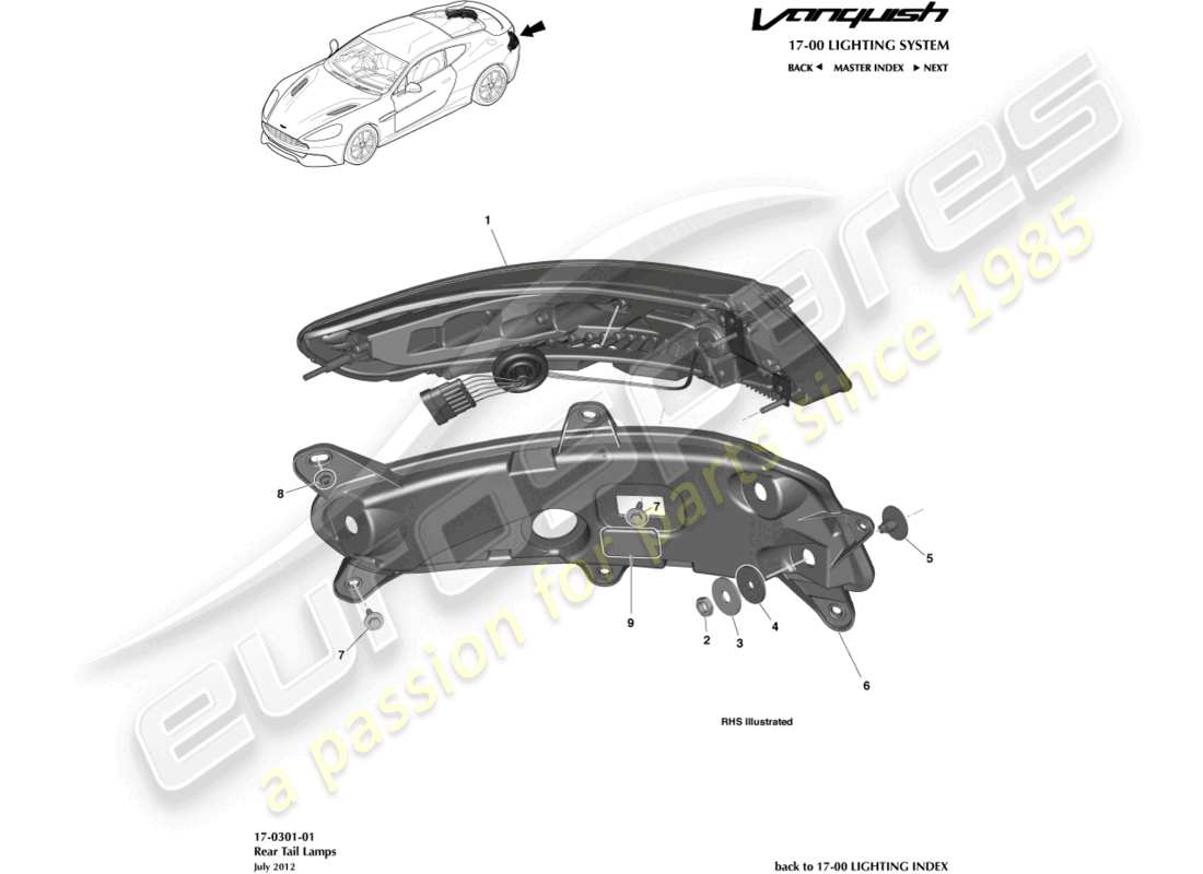 aston martin vanquish (2016) rear lamps part diagram