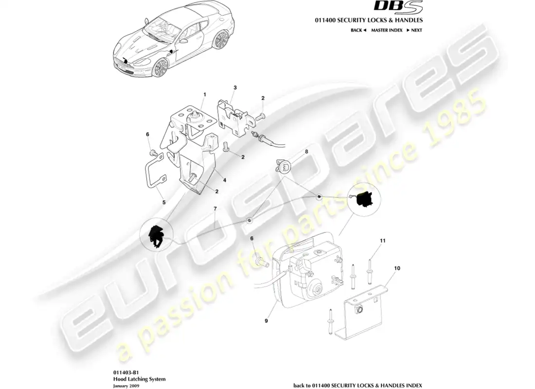 aston martin dbs (2012) hood latch system parts diagram