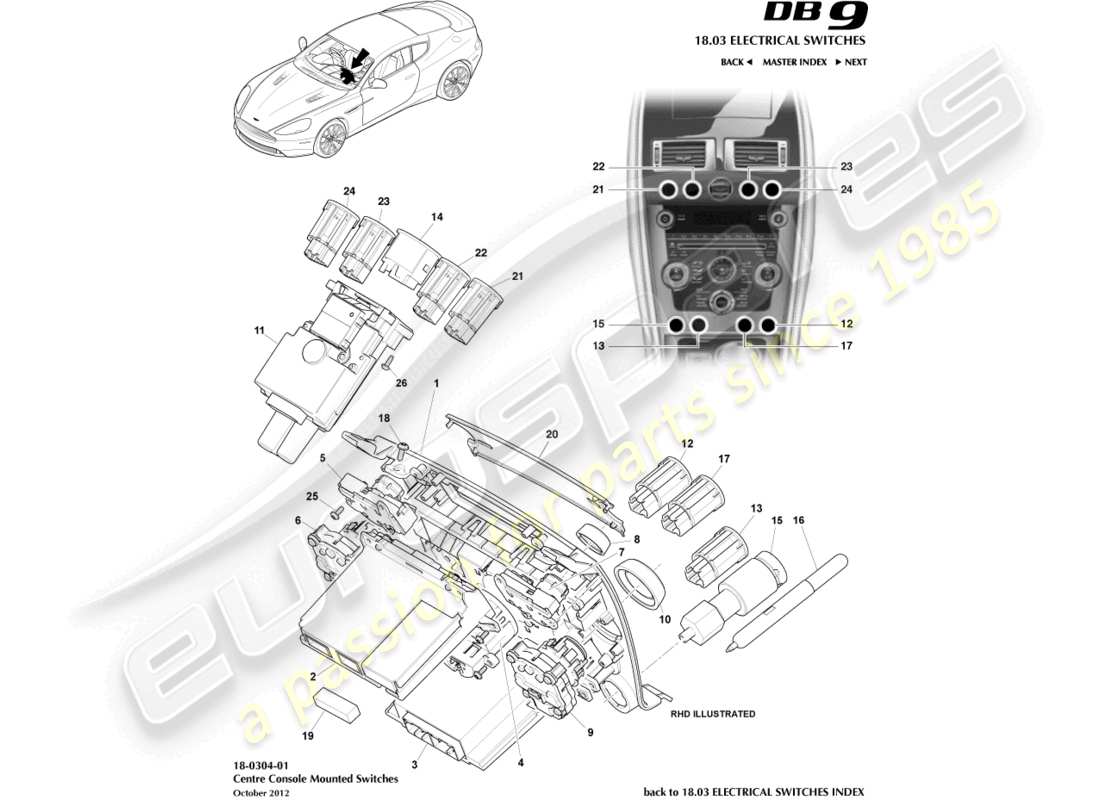aston martin db9 (2013) centre console switches, to 16my parts diagram