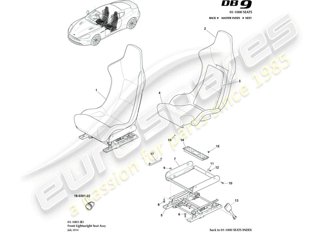 aston martin db9 (2017) front lightweight seats part diagram