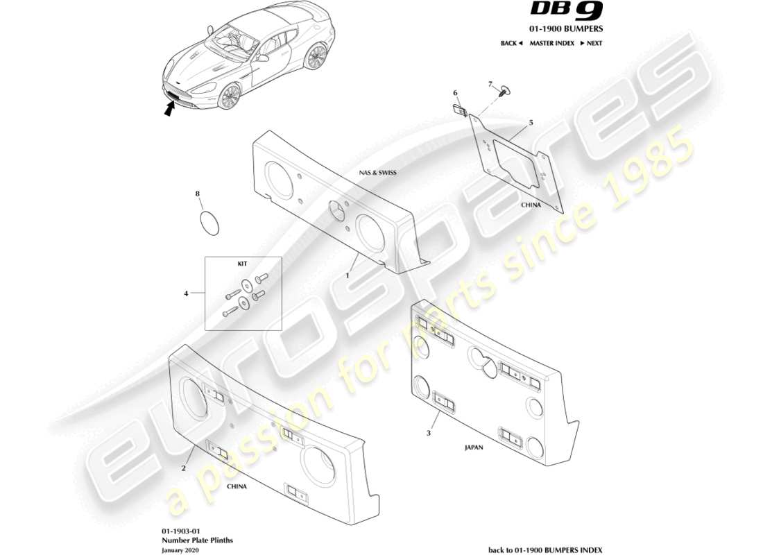 aston martin db9 (2017) number plate plinths part diagram