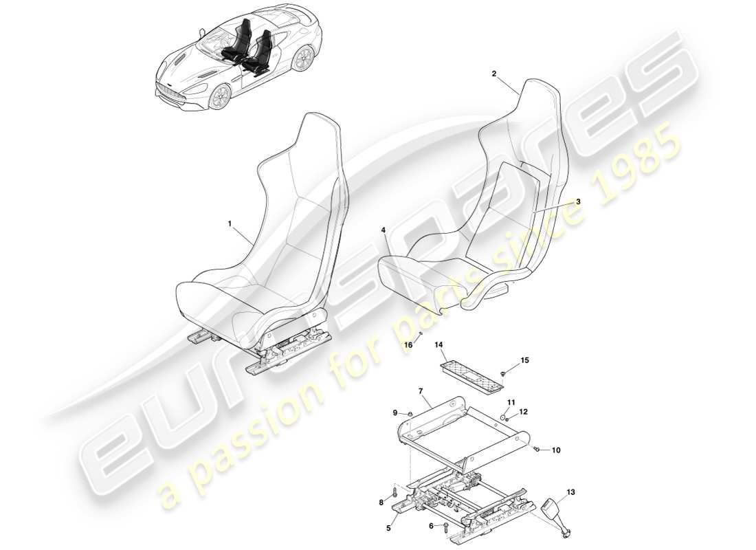 aston martin vanquish (2013) front lightweight seats part diagram